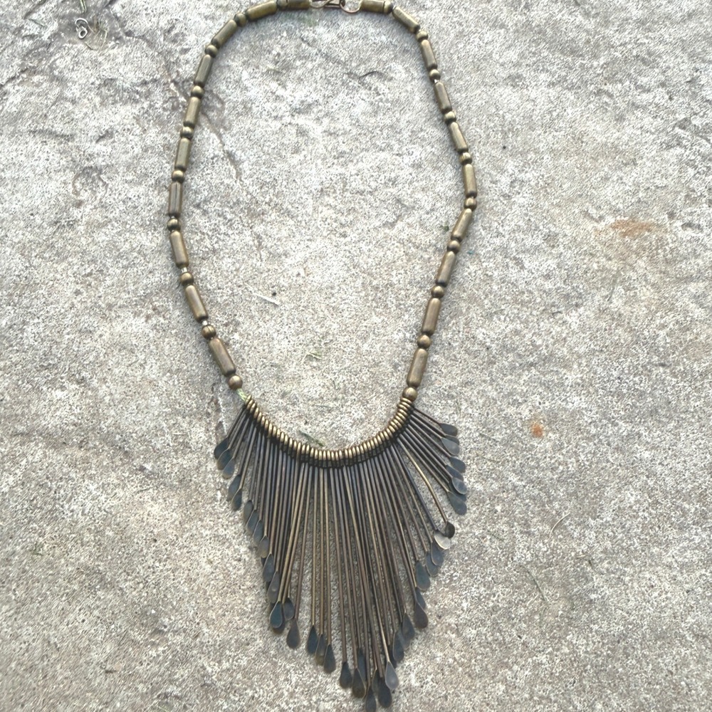 Vintage Brass Fringe Bib Necklace Antique Bronze Tribal Teardrop Spike 18 Inch